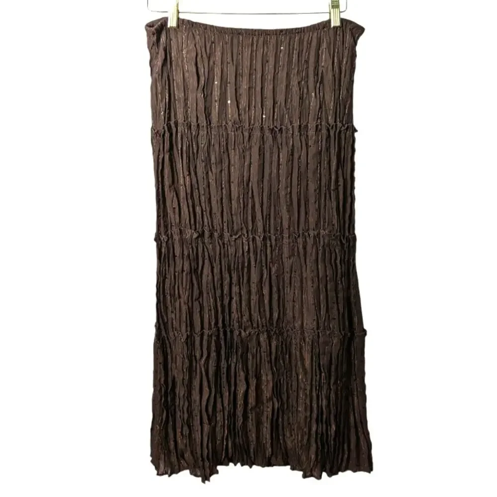 Vintage Y2K Notations Maxi Skirt Brown Crinkle Pleat Metallic Thread with Sequin
